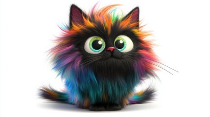 Fototapeta premium Colorful Fluffy Cat with Big Eyes, Isolated on White Background, a Cartoon Style