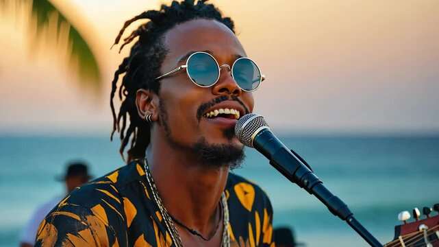 Man with dreadlocks and sunglasses singing into a microphone. He is smiling and he is enjoying himself