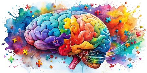 Fototapeta premium Floating watercolor brain fragments depict the mind's complexity, exploring cognitive function and mental well-being.