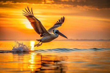 Minimalist Dawn Pelican Dive: Graceful Bird Hunting Fish at Sunrise