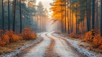 Scenic Autumn Forest Road with Orange Foliage and Misty Atmosphere