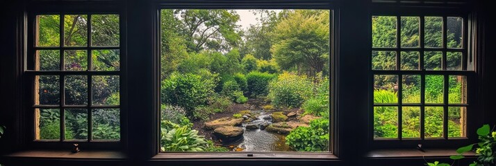 Fototapeta premium Serene Garden View Through a Dark Wooden Window