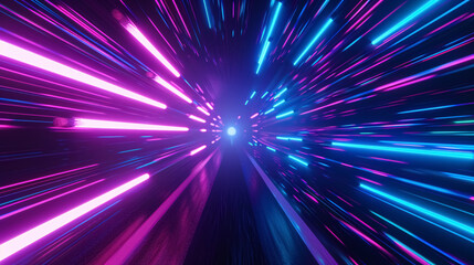 3D illustration depicting a retro neon hyper warp space flight in a tunnel.