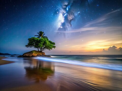Ghana's Axim: Long exposure captures a dark island tree against a vibrant night beach.