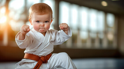 toddler practicing karate with determination in bright dojo