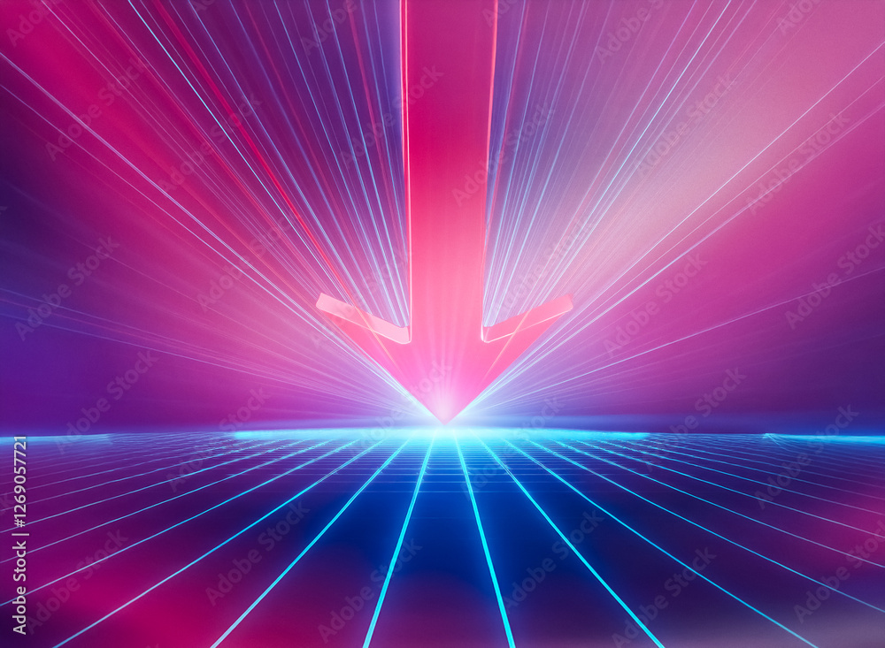 Poster A red arrow points down towards a glowing blue horizon, surrounded by radiating lines of light.