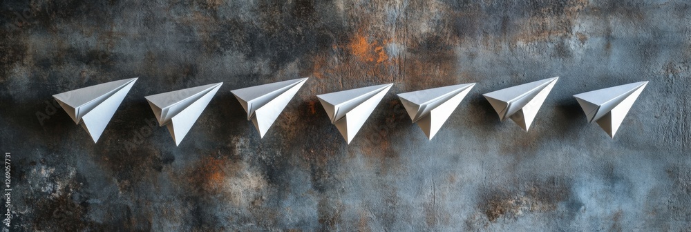 Leinwandbilder group of paper planes flying in one direction with one plane pointing towards new ideas and directio