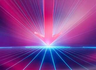 A red arrow points down towards a glowing blue horizon, surrounded by radiating lines of light.