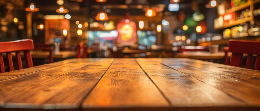 Rustic wooden table in a dimly lit restaurant