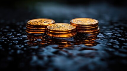 Close-up of shimmering golden coins stacked on a wet surface, reflecting light in a moody atmosphere