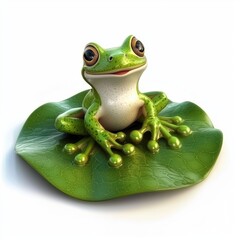 Tiny happy frog sitting on a lily pad, isolated on white