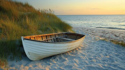 Serene Beach Scenic Landscape with Old Boat at Sunrise