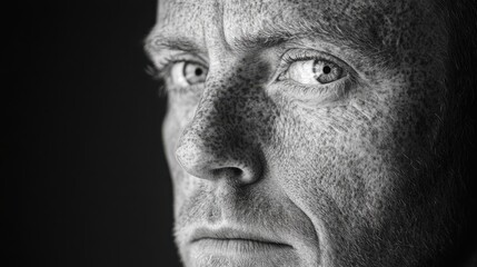 Obraz premium A creative and artistic black-and-white portrait of an adult with freckles. The use of monochromatic tones brings out the contrast and texture of the freckles, highlighting their unique patterns.