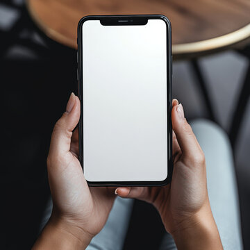 Person holding smartphone with blank screen