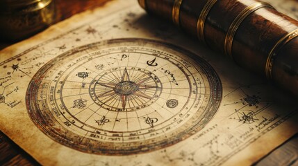 Vintage-style natal chart on aged parchment paper with traditional astrological symbols detailed handwritten notes chart includes classic illustration of zodiac signs is surrounded by celestial motif