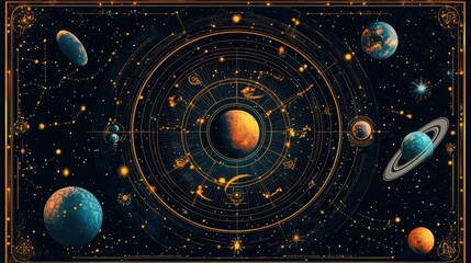 A detailed illustration of the zodiac wheel with symbols for all twelve zodiac signs, surrounded by planets their orbits wheel is colorful intricate, with astrological houses aspects clearly marked.