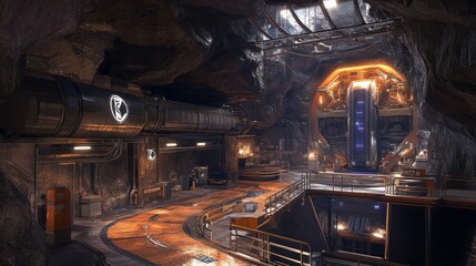 Futuristic cavern interior with advanced technology displays.