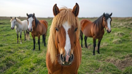 Fototapeta premium Majestic Horse Portrait with Grazing Companions in Lush Green Pasture