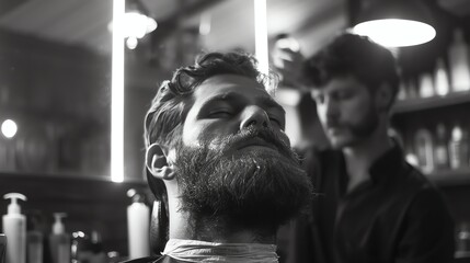 A black and white close up of a man getting his beard trimmed at a barber shop. The man's eyes are closed and he looks relaxed.