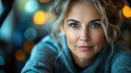 Fototapeta premium Close-up portrait of a confident woman in a cozy setting, with blurred lights in the background