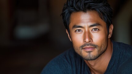 Fototapeta premium Close-up portrait of a confident man with dark hair and a strong jawline, set against a blurred background