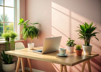 Minimalist Home Office: Laptop, Plants & Natural Light - Pastel Workspace