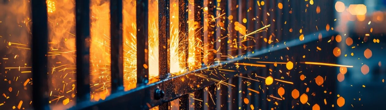 High-contrast shot of a tilted metallic fence with glowing yellow and black hazard colors, surrounded by sparks from welding in an industrial factory