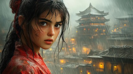 Obraz premium A female cyborg with glowing implants gazes at a futuristic city, neon lights illuminating the streets beneath a dark sky.