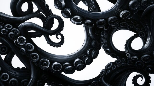 Intertwined black and white tentacles creating a flowing motion, watercolor style, soft edges, subtle contrasts, enigmatic and artistic vibe