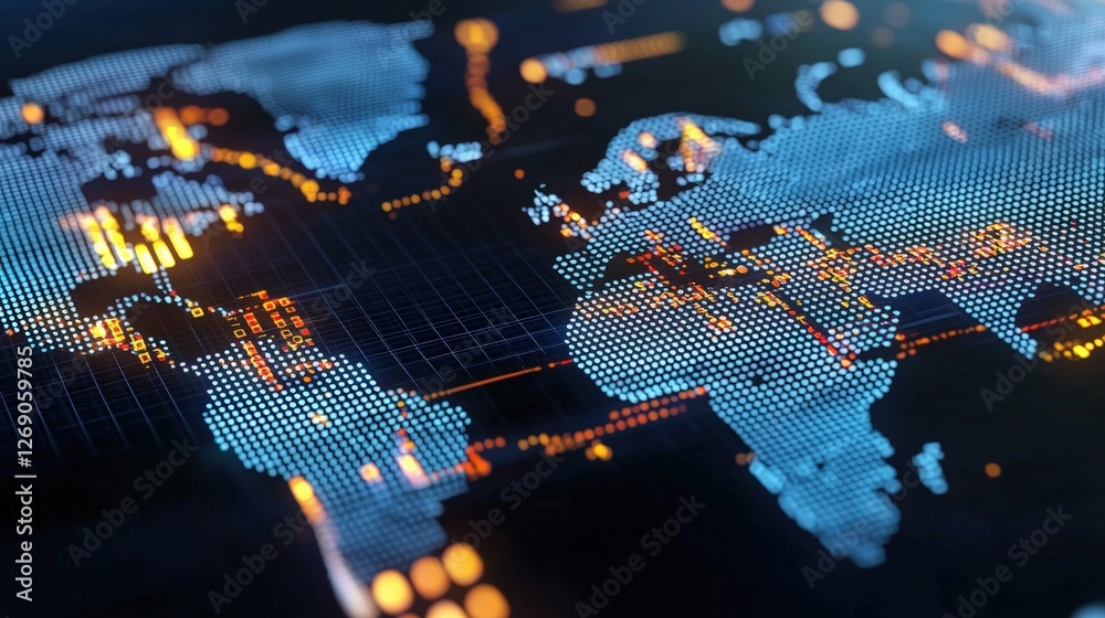 Poster a vibrant digital map of the world showcasing interconnected networks and glowing data points, repre