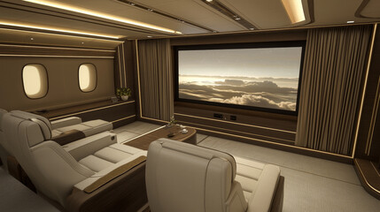 Luxurious private jet in-flight entertainment lounge with large screen and comfortable seating