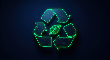 Futuristic glowing low polygonal recycle sign with green leaf isolated on dark blue background.