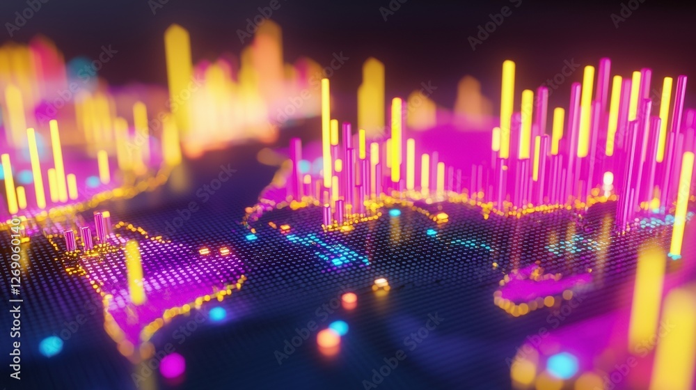 Poster a vibrant, abstract visualization of data trends using colorful bars and dots on a digital map, repr
