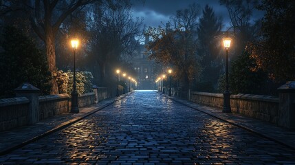 Rainy Night Cobblestone Street, Autumn, Lamplight, Mansion Background, Movie Scene