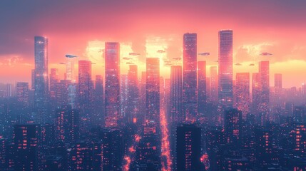 Fototapeta premium Majestic city skyline showcasing tall buildings and architectural marvels under blue sky