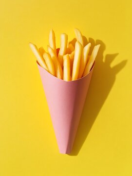 French fries in a paper cup and paper cornet ON YELLOW BACKGROUND