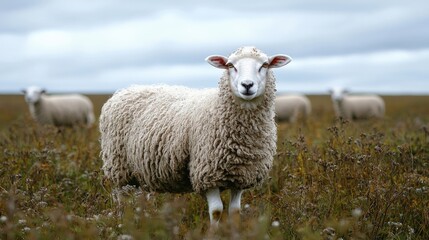 Naklejka premium Fluffy Sheep Standing in a Lush Green Meadow Under Cloudy Sky