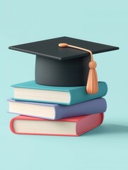Graduation Cap on Stack of Colorful Books Against a Soft Background