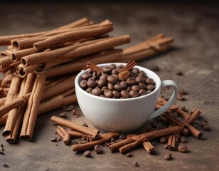 Coffee beans in the background with cinnamon sticks, cinnamon, spices, atmosphere