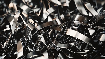 Abstract heap of reflective metal shavings forming a random spiral pattern, soft lighting accentuating the texture