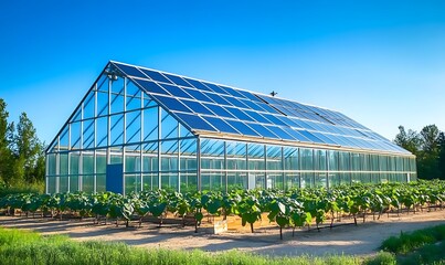 Fototapeta premium Exterior view of a modern greenhouse with glass walls and solar panels innovative farming design innovative solar panel innovation power electricity energy technology panel