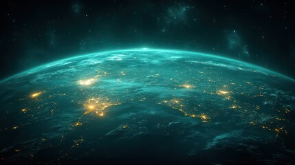 Obraz premium A flat, animated digital Earth with a grid overlay and light beams connecting continents, featuring glowing edges for a modern, cyber look.