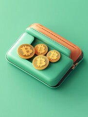 Modern Digital Wallet with Bitcoin Coins on Bright Background
