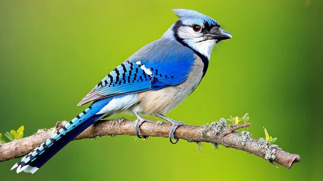 Blue bird with white stripes on its wings is perched on a branch. The bird is looking to the right