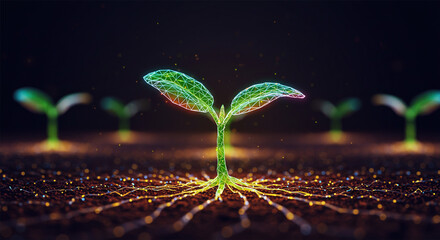 Futuristic agrotechnology, agriculture concept with glowing low polygonal plant sprout