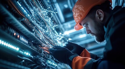a fiber optic network installation crew working on underground cables, with neon-lit data streams representing internet connectivity