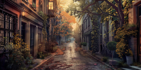 Fototapeta premium Peaceful European Alleyway with Golden Foliage and Rustic Charm 