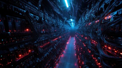 a telecommunication data center filled with endless rows of servers, connected by glowing fiber optic cables transmitting high-speed internet signals