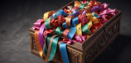 Colorful ribbon unrolled from a ceremonial box , ceremonial object, special occasion, ribbon