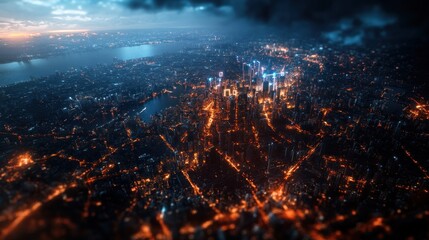 A stunning telecommunications landscape shot in the studio, featuring a dense urban environment covered in glowing 6G network nodes